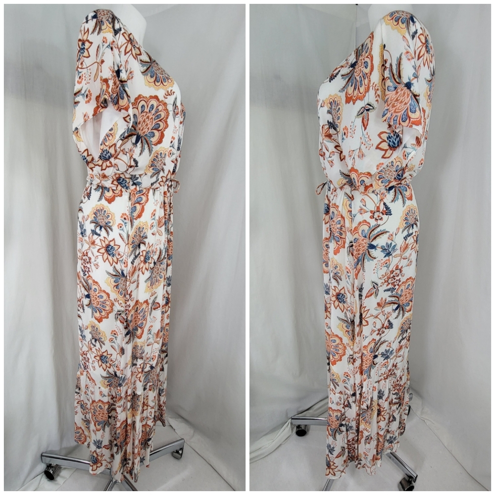 JustFab Floral Maxi DRESS Womens Size 1X Short Sleeve White Blues Rust Gauze - Picture 2 of 13